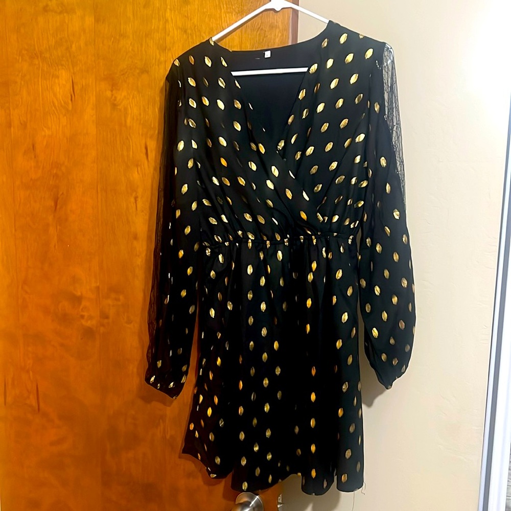 Short, black with gold polka dots dress